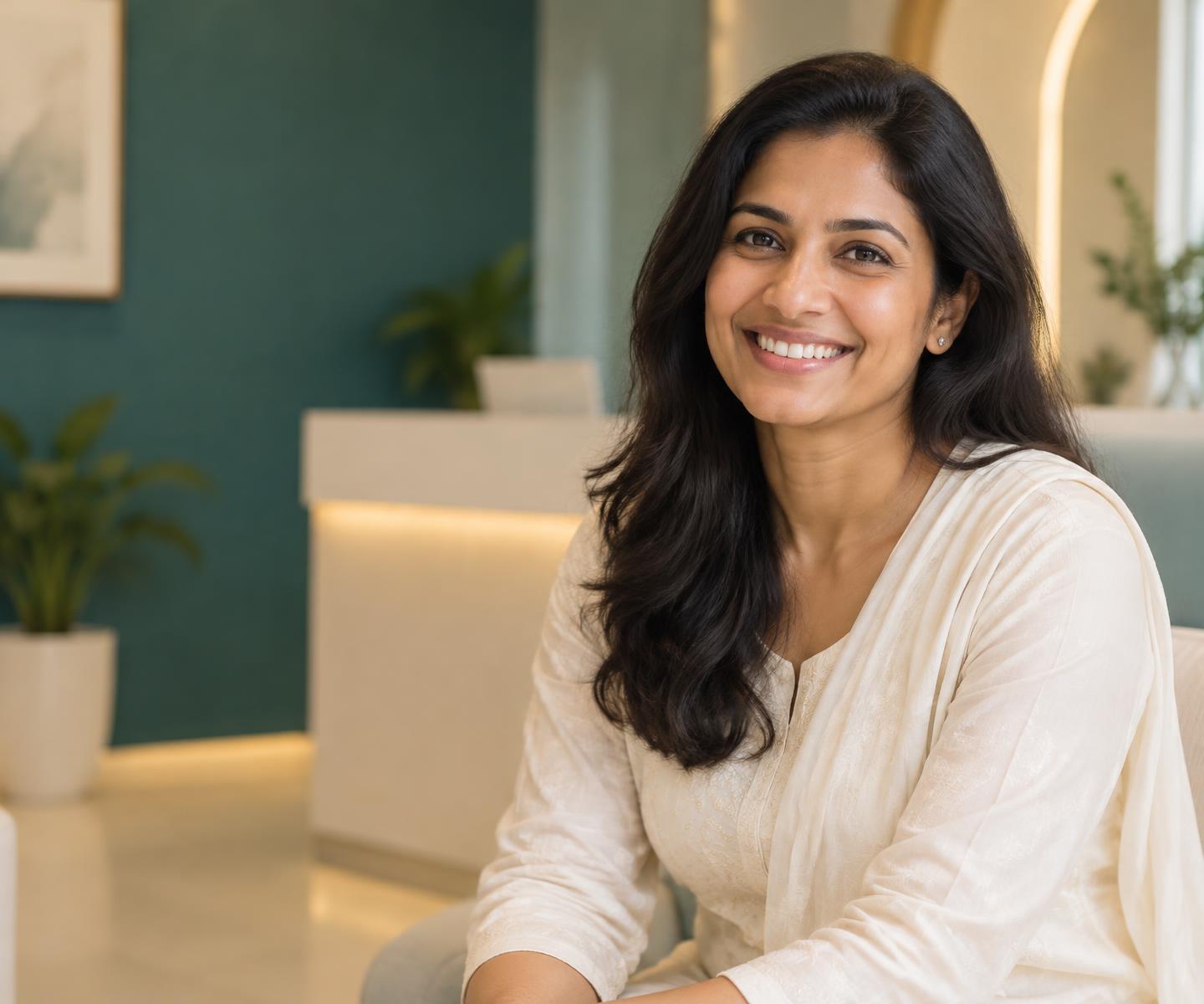 A warmly smiling woman in a calm clinic setting